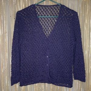Handmade crocheted cardigan y2k royal purple button up 3/4 sleeve